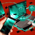 Smartfony, tablet i laptop połączone cyfrowymi ikonami