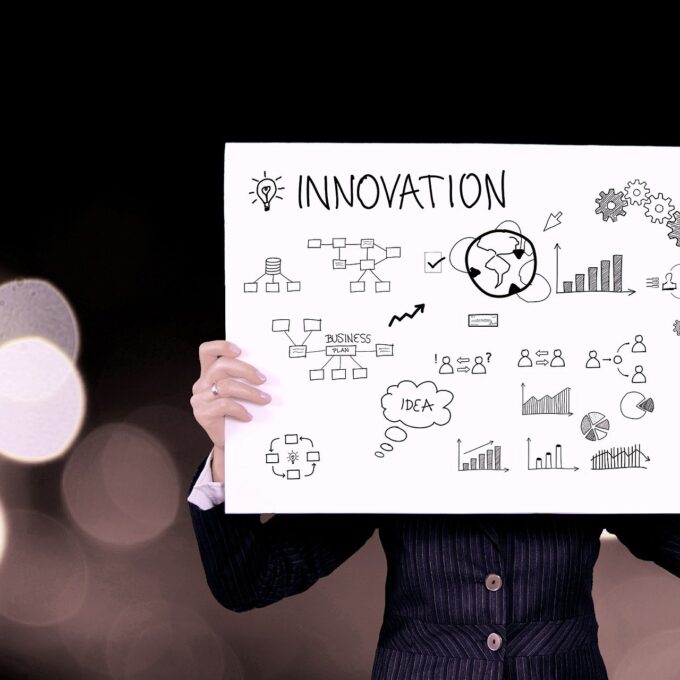 Osoba trzymająca kartkę z napisem Innovation i schematami