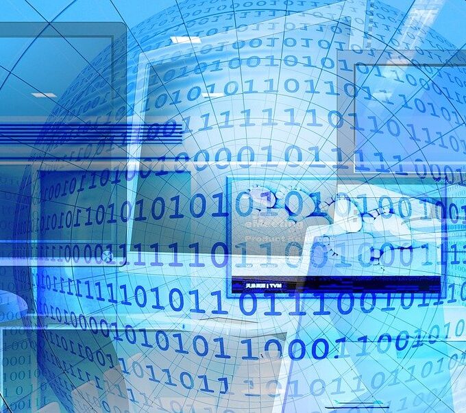 Abstrakcyjna grafika cyfrowa z ekranami i niebieskimi elementami technologicznymi